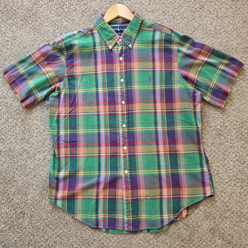 Polo Ralph Lauren Madras Plaid Short Sleeve Shirt Mens XL Green Purple Classic